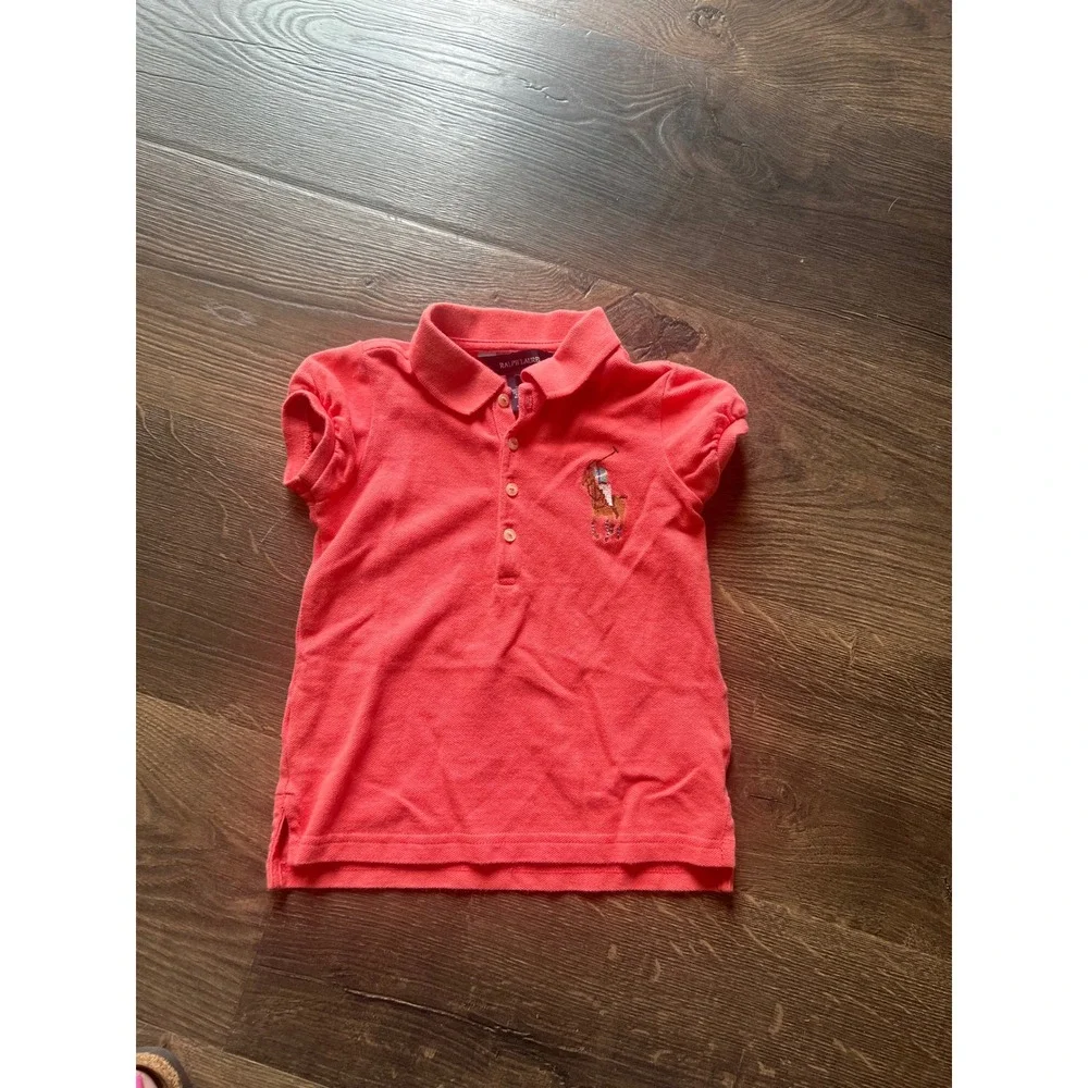 Ralph Lauren Girls Coral Pink Big Pony Cotton Pique Polo Shirt Size 4 4T